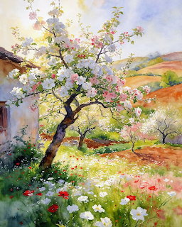 Watercolor painting of flowering tree in garden with wildflowers and hills