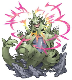 Tyranitar Pokemon creature with green armor, purple belly, and pink energy effects on white background
