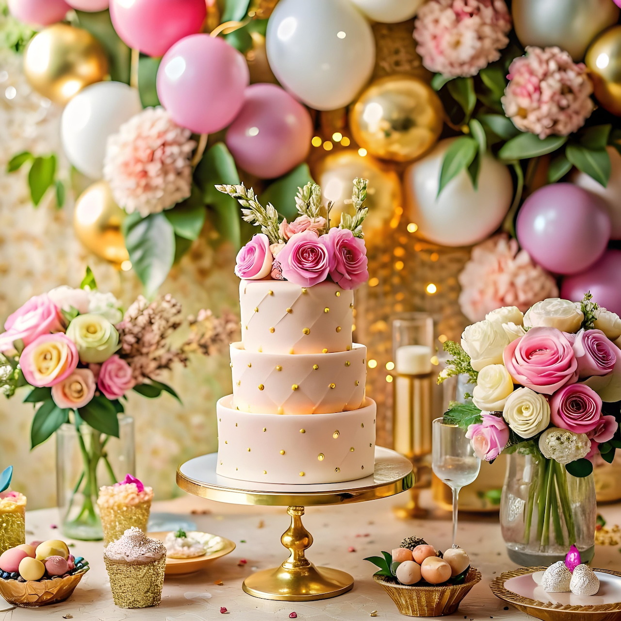White tiered wedding cake with pink roses, balloons, flowers, and desserts on elegant table
