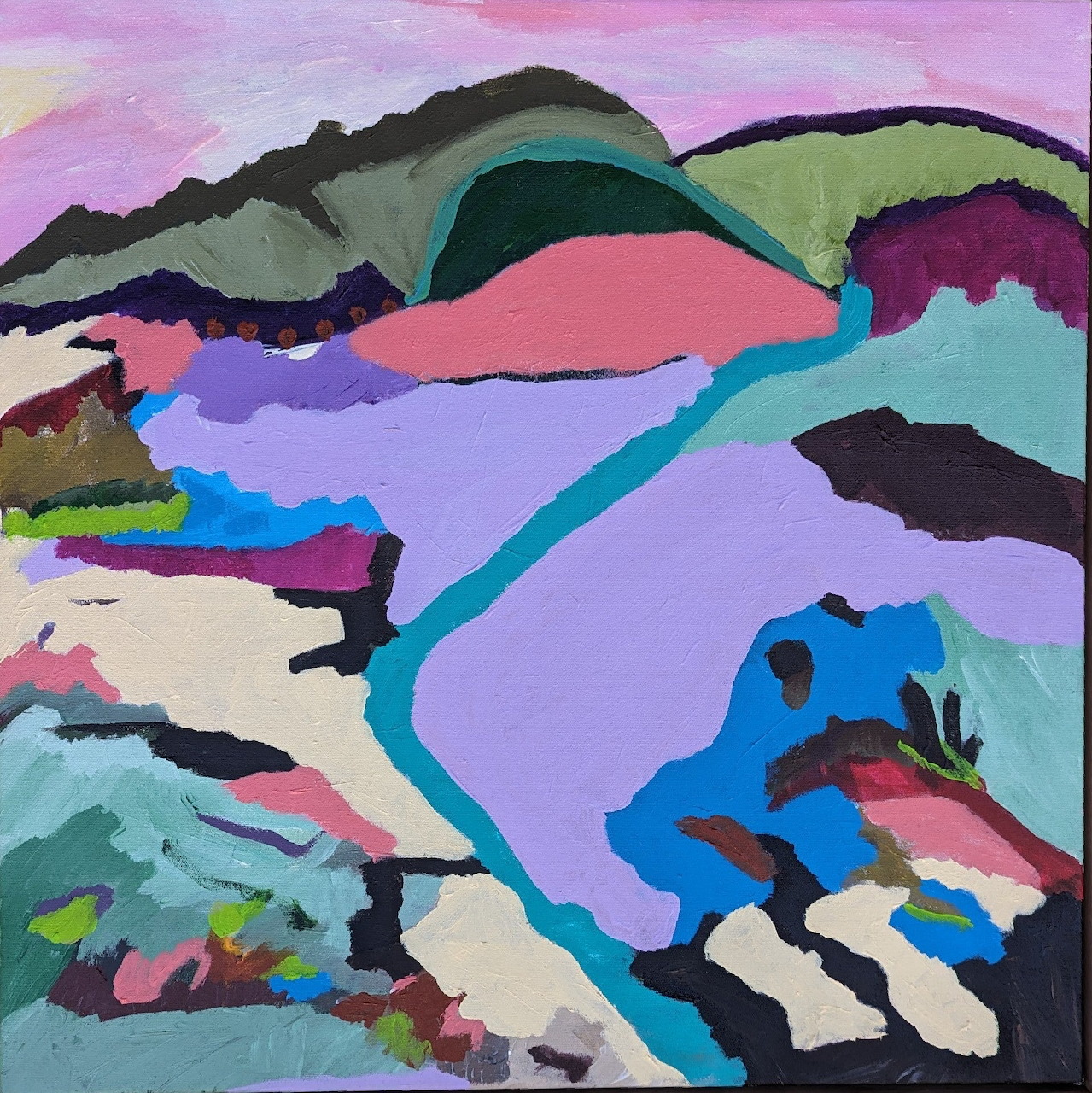 Abstract landscape painting with bold purple mountains, teal water, and colorful terrain in expressive brushstrokes