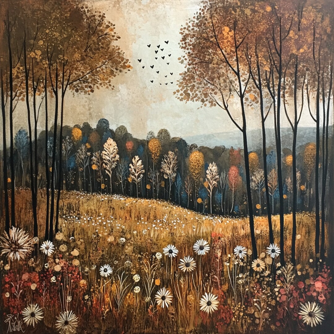 Ceramic tile art showing autumn forest scene with trees, wildflowers, and flying birds in warm browns and oranges