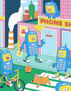 Cartoon illustration of anthropomorphic cell phones walking near a phone shop on a colorful city street