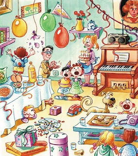 Colorful cartoon birthday party with balloons, cake, presents, and characters celebrating indoors
