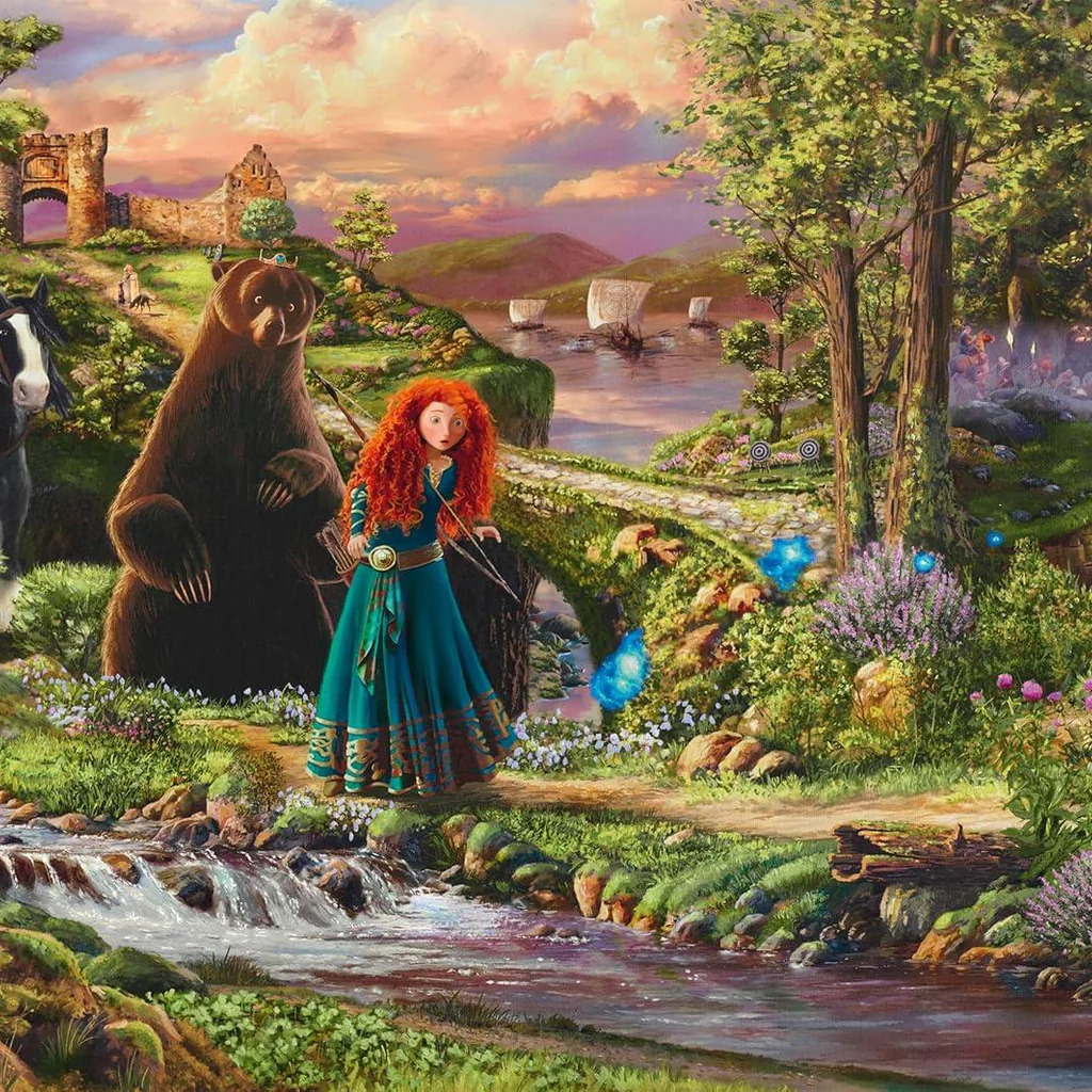 Red-haired princess Merida with bow standing next to large brown bear in vibrant forest landscape with castle background