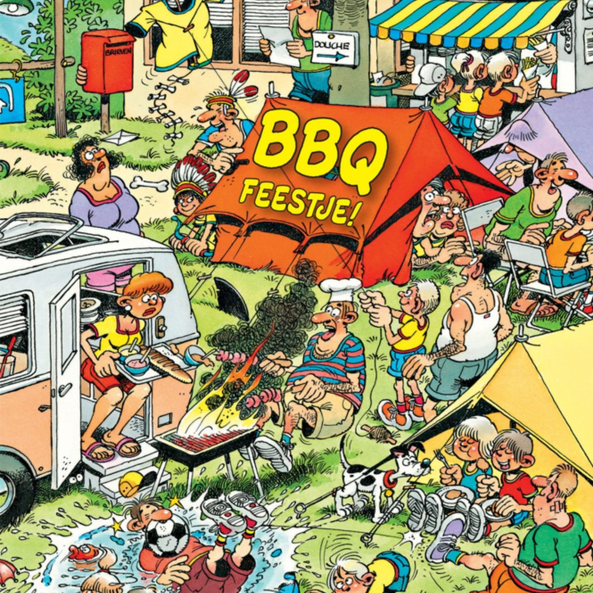 Crowded cartoon BBQ festival scene with many people, grills, tents and comedic chaos in a backyard setting