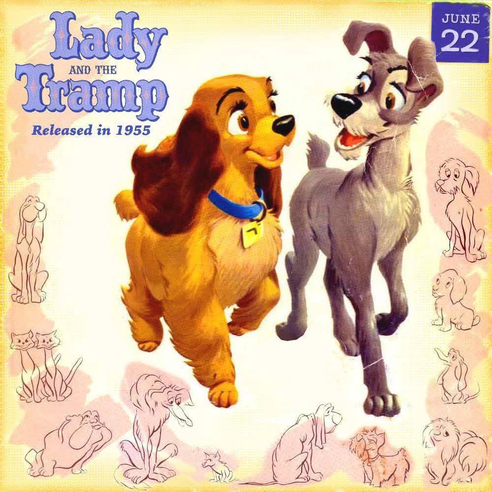 Vintage Lady and the Tramp poster with two cartoon dogs and small character sketches around them
