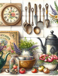 Illustrated country kitchen with wall clock, hanging spoons and utensils, teapot, herbs, and fresh vegetables