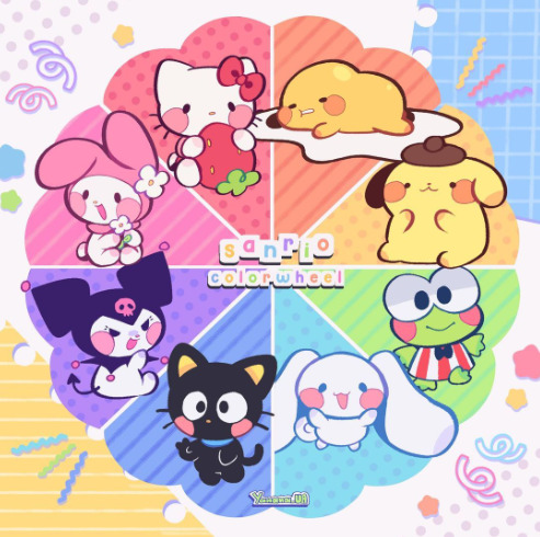Pastel Sanrio color wheel with Hello Kitty, My Melody, Kuromi, Keroppi, Cinnamoroll, and friends