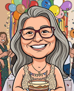 Cartoon woman with glasses holding a birthday cake with balloons and confetti behind her