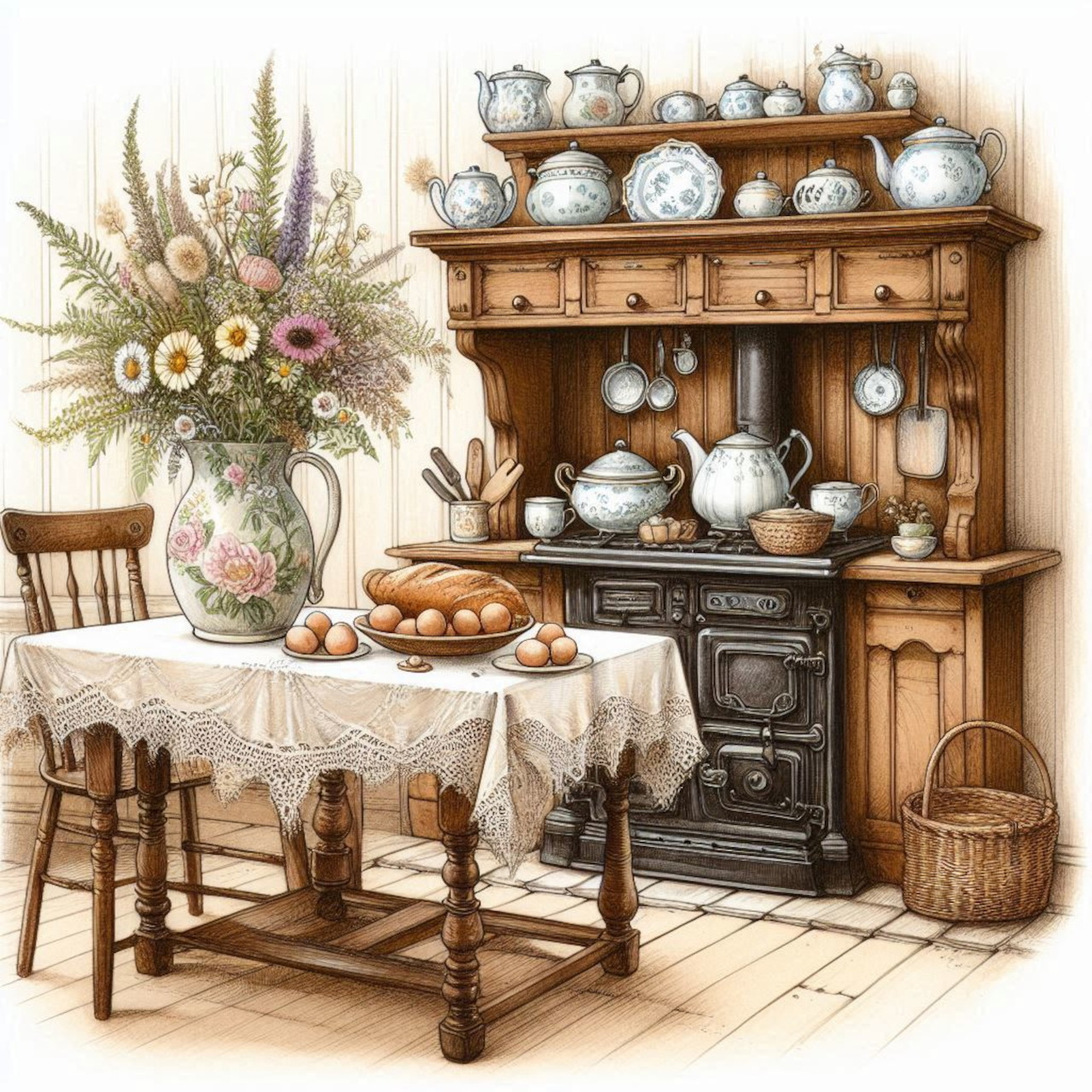 Rustic country kitchen with vintage stove, wooden table, china hutch, and wheat bouquet