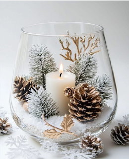 Glass vase with white candle, frosted pine branches, pinecones, and gold leaf accents on faux snow