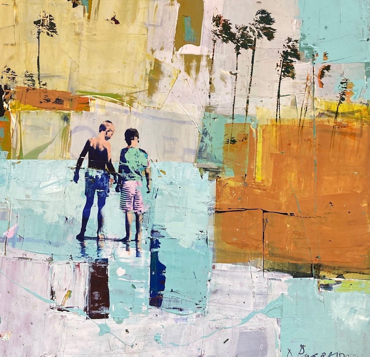 Abstract painting of two figures walking on beach with palm trees, textured brushwork in blues, oranges and yellows