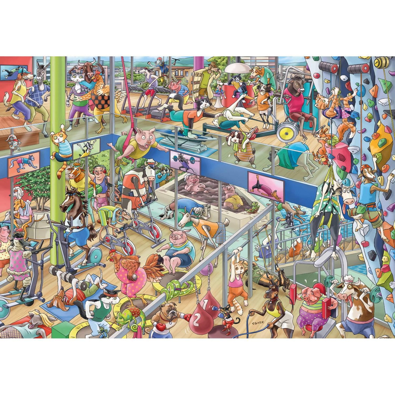 Cartoon illustration of crowded public swimming pool with many people in summer