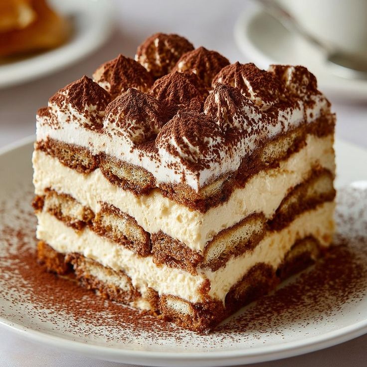 Square slice of tiramisu with visible layers of cream and cocoa on white plate