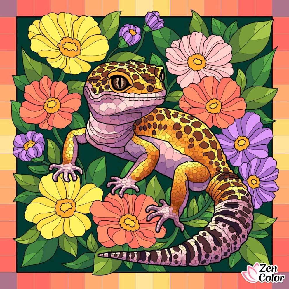 Illustrated leopard gecko among bright flowers and green leaves