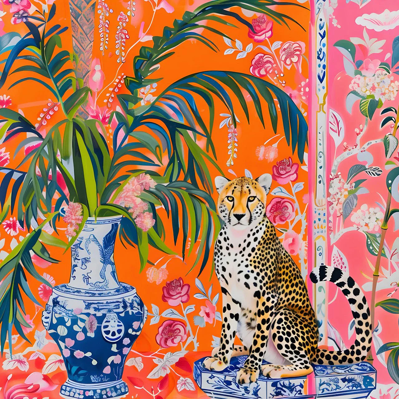 Colorful cheetah beside a blue-and-white vase with tropical leaves and pink floral background