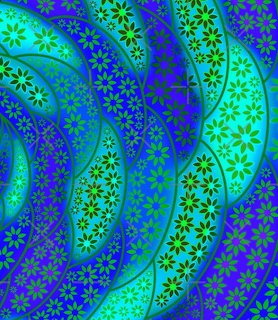 Repeating curved bands of blue and teal filled with small green daisy flowers forming a wave pattern