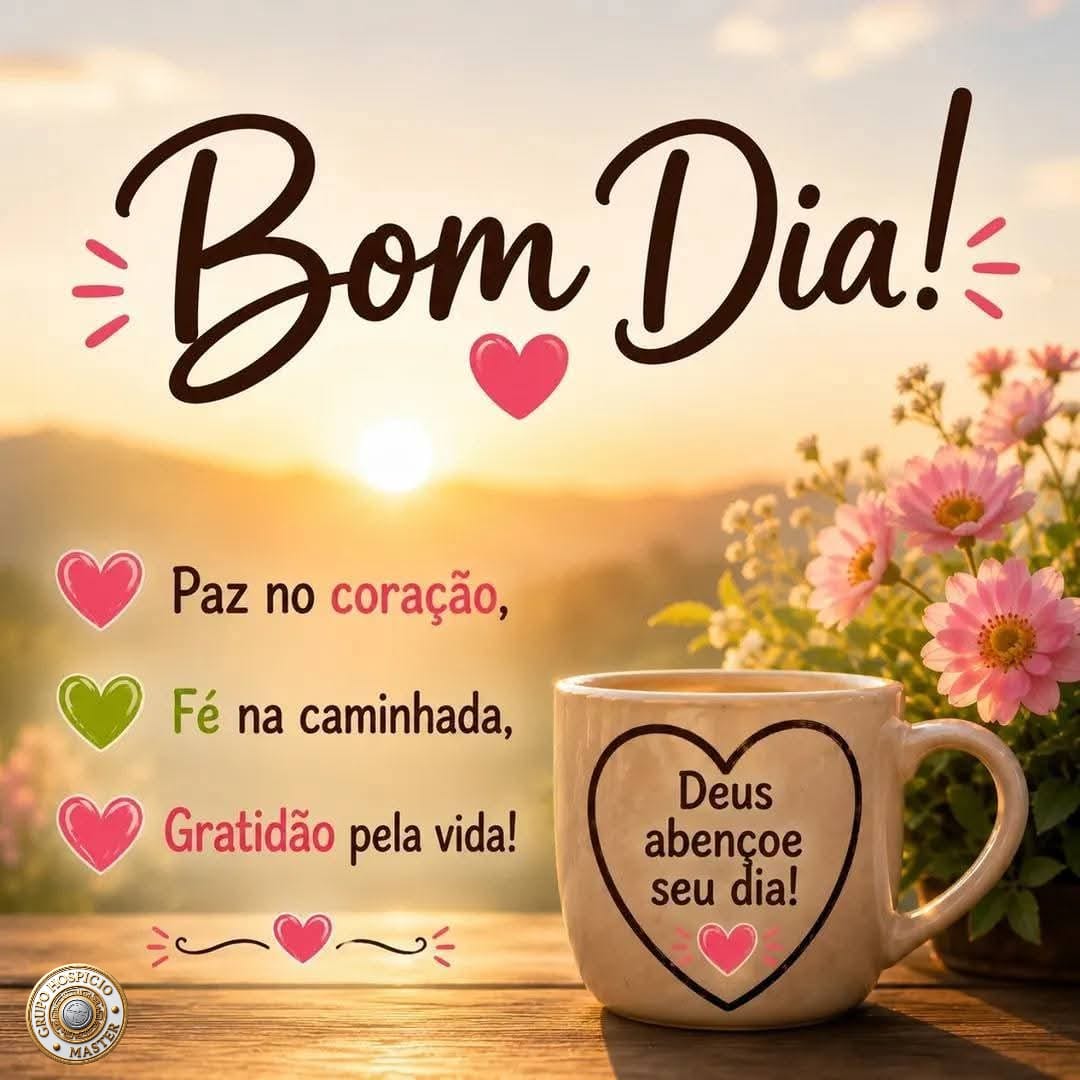 Coffee mug, pink flowers, hearts, and Bom Dia text over a sunrise background