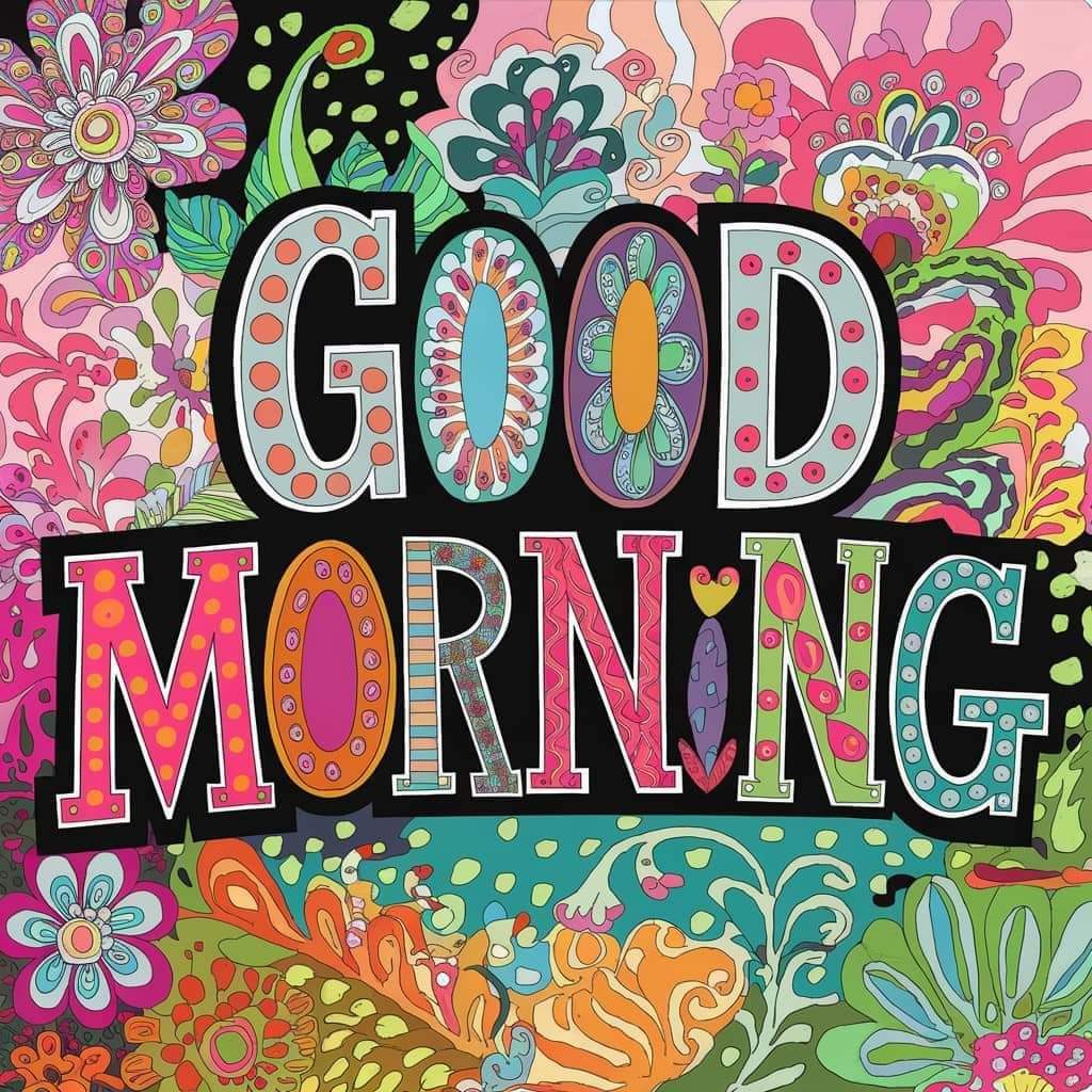 Colorful floral illustration with large decorative text reading GOOD MORNING