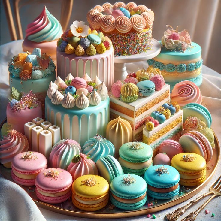 Assortment of pastel cakes, macarons, meringues, and decorated desserts on a gold tray