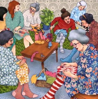 Illustration of a group of women sitting in a circle, sewing and crafting. They are wearing patterned clothing around a low table.