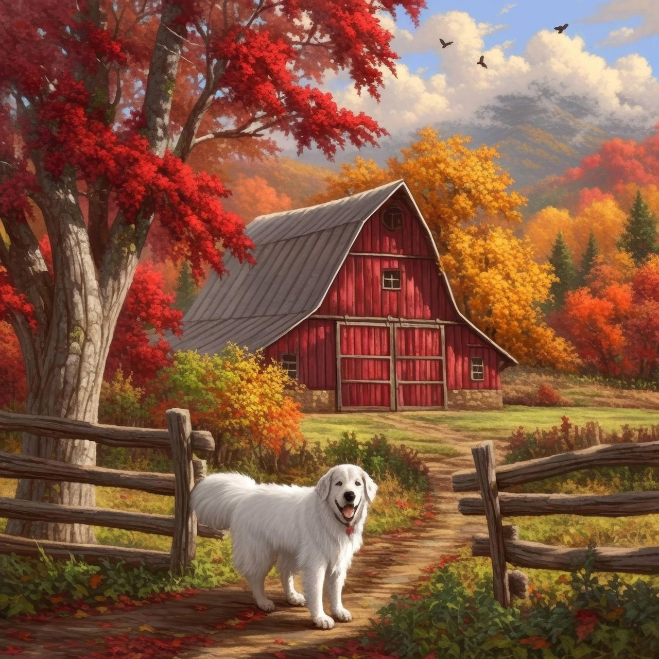 White dog by fence with red barn and autumn trees in countryside