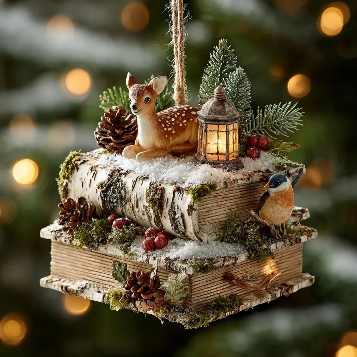 Rustic Christmas tree ornament with stacked books, a deer figurine, pinecones, and a tiny lantern