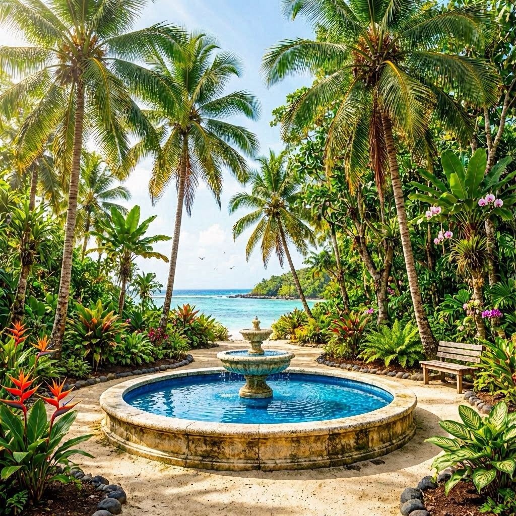 Round fountain in a tropical palm garden with colorful plants and an ocean view