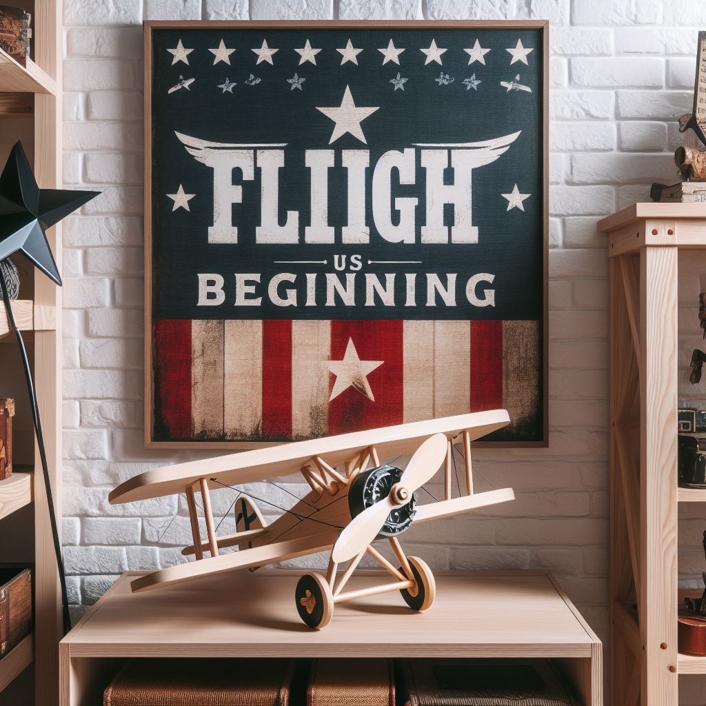 Vintage flight poster above a model biplane on a wooden dresser indoors