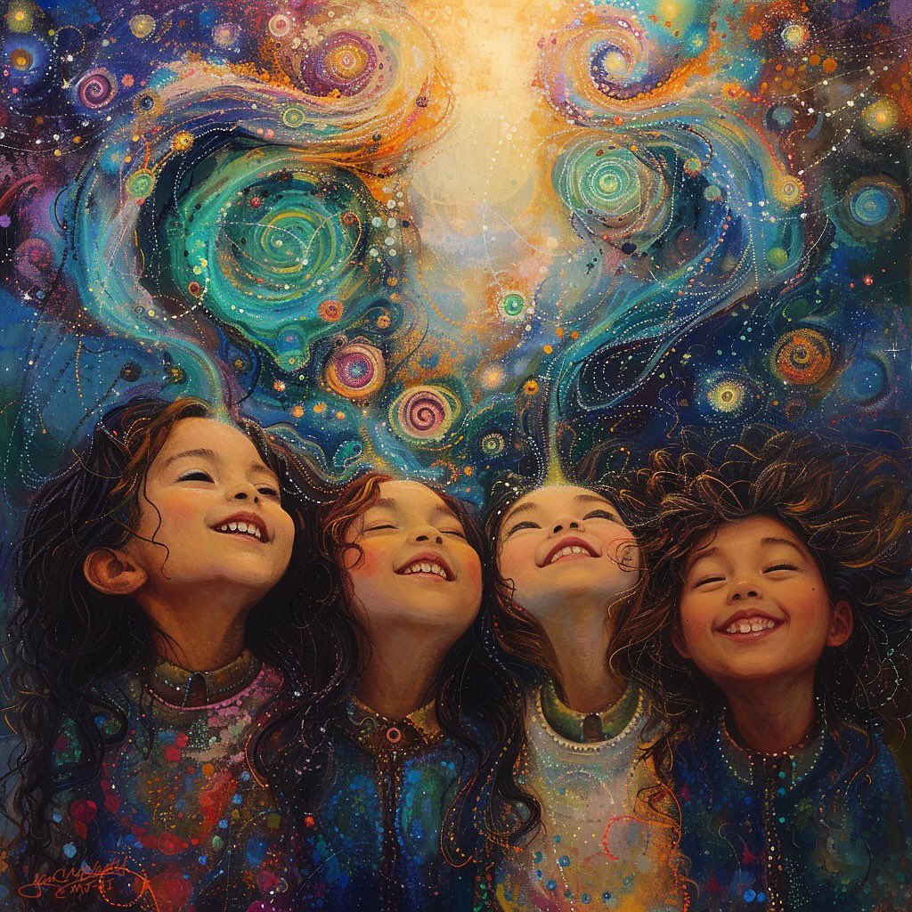 Colorful painting of four smiling children looking up beneath swirling starry patterns