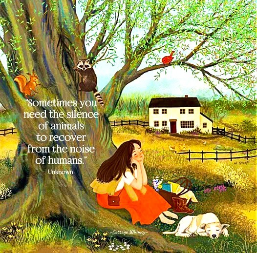 Girl in orange dress reading under tree with dog, raccoon, squirrel and cardinal, cottage in background
