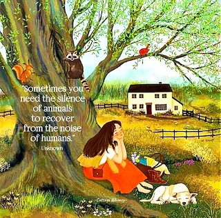 Girl Reading Under Tree with Animals