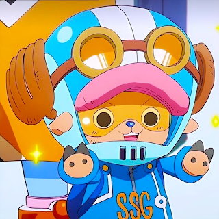 Tony Tony Chopper in a blue helmet and goggles, smiling with raised paws
