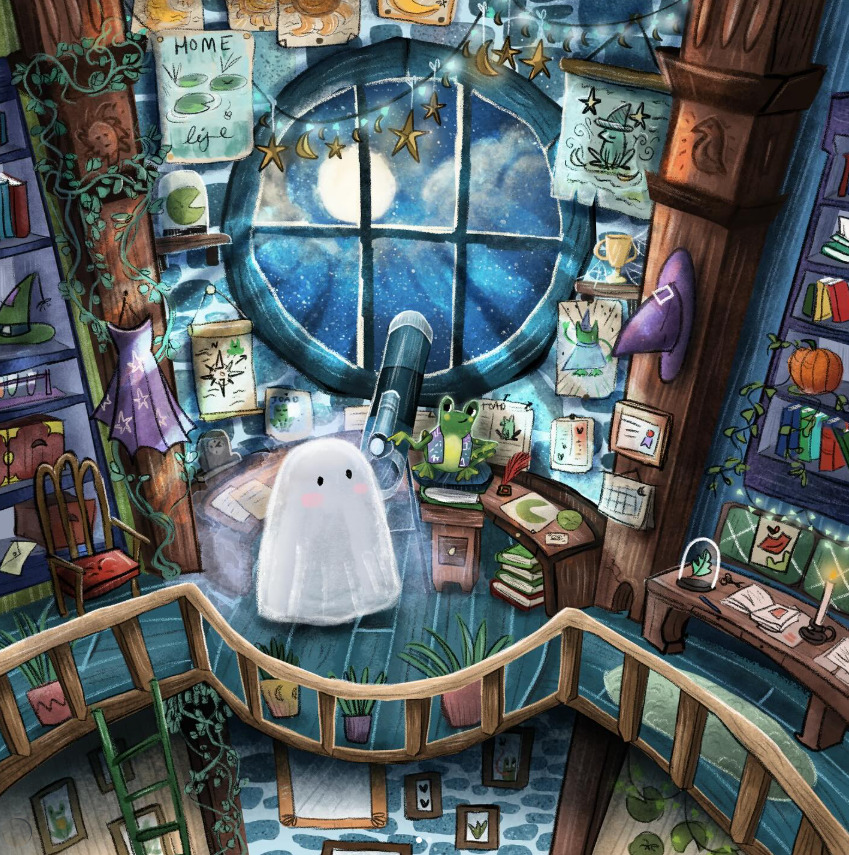 White ghost in whimsical library interior with books and circular window