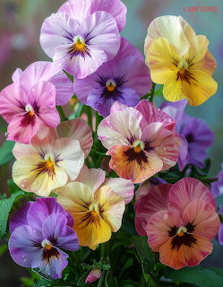 Colorful pansy flowers in various shades of purple, pink, yellow, and orange with dark centers