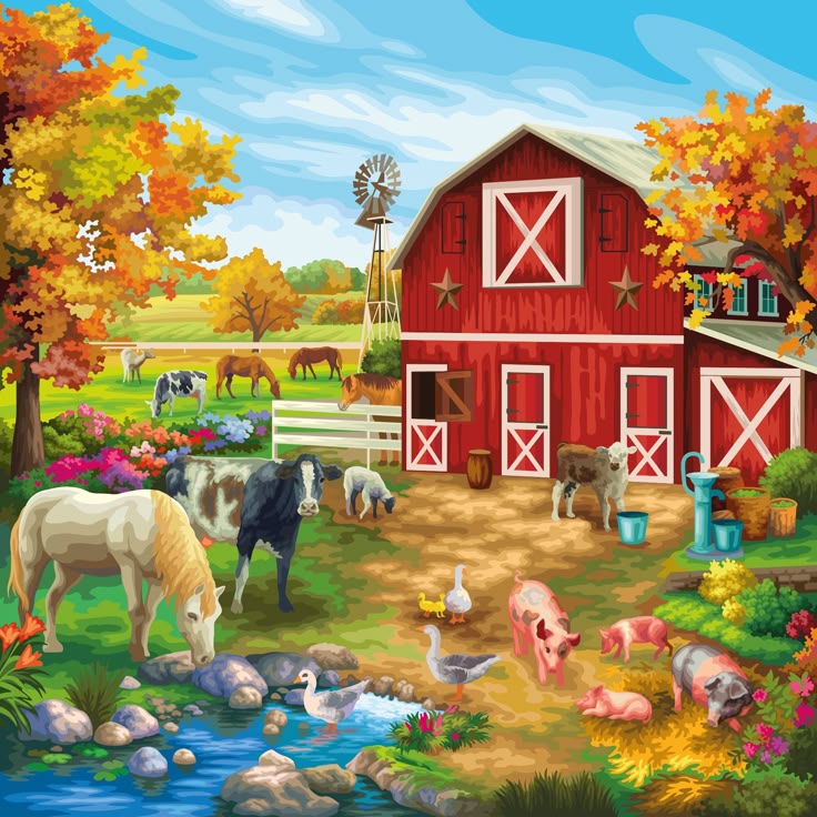 Farm Animals and Red Barn