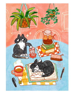 Illustration of three cats resting on a table with houseplants, books, and a coffee mug in warm coral and blue colors
