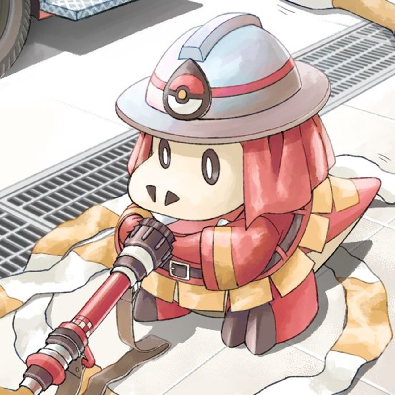 Cute anime-style firefighter character wearing a helmet and holding a hose