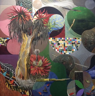 Surreal collage with painted flowers, geometric shapes, landscapes and abstract textures layered together