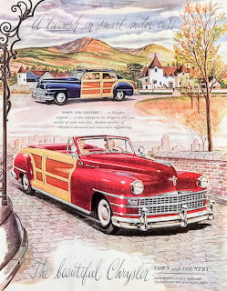 Vintage ad showing red Chrysler Town & Country woody wagon with wood paneling and rural landscape background