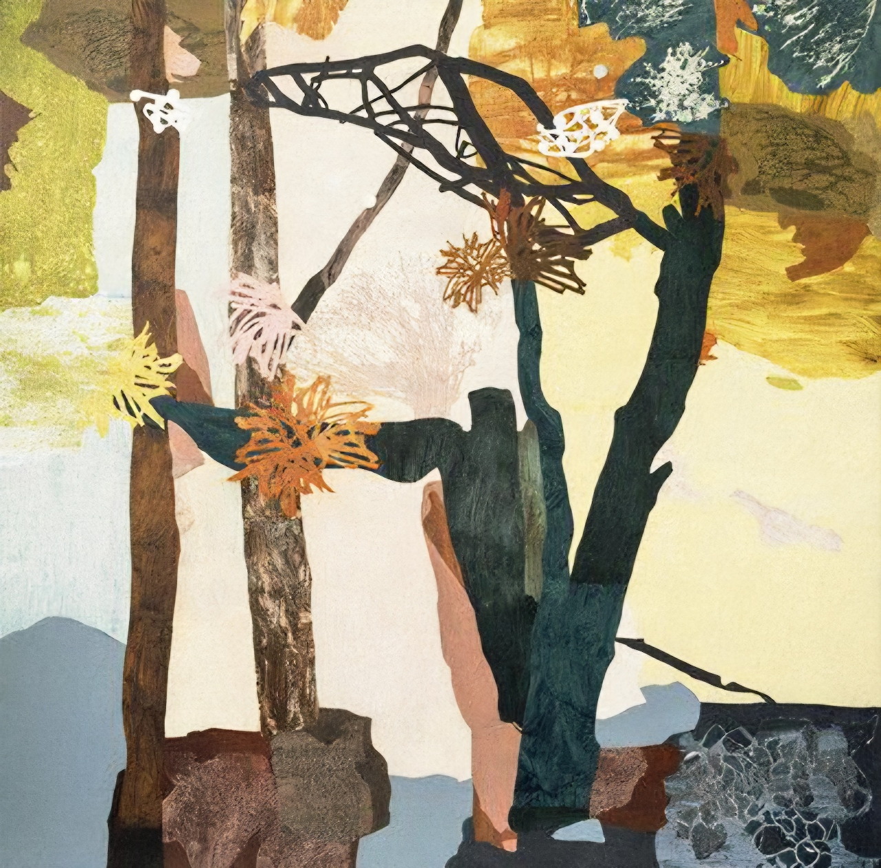Abstract collage illustration of trees with textured branches in autumn colors