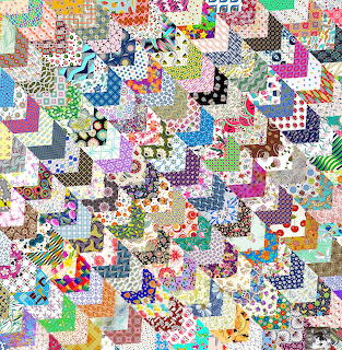Colorful patchwork quilt collage with mixed patterns including dots, florals, and geometric designs in various fabrics
