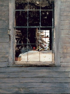 Painting of a window with geraniums inside on a weathered wooden building