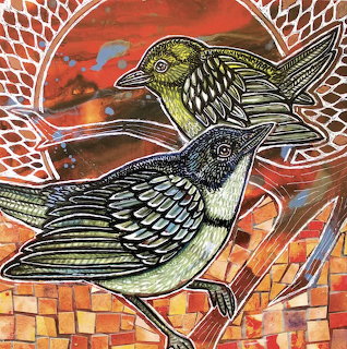 Stylized illustration of two birds flying before a red-orange sunset with mosaic patterns
