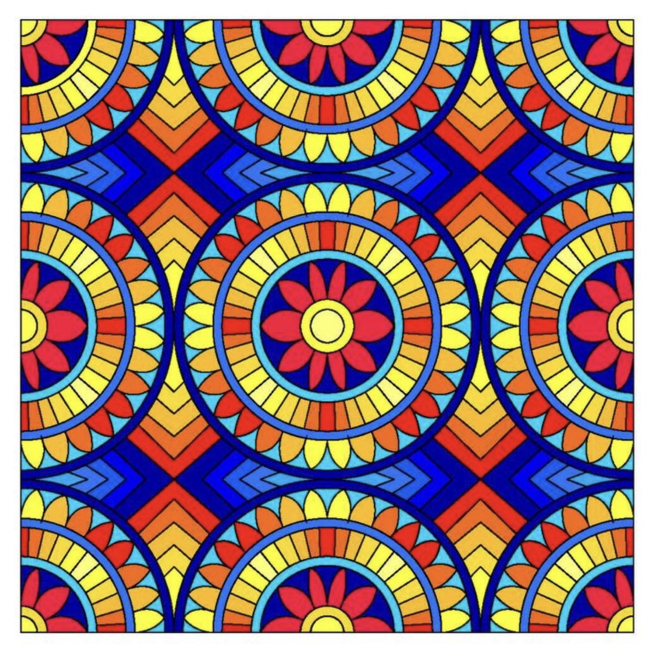 Colorful stained glass mandala pattern with repeating circular designs in red, blue, yellow, and orange