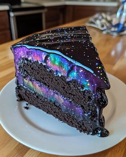 Slice of chocolate layer cake with galaxy-colored filling and dark chocolate glaze on a white plate