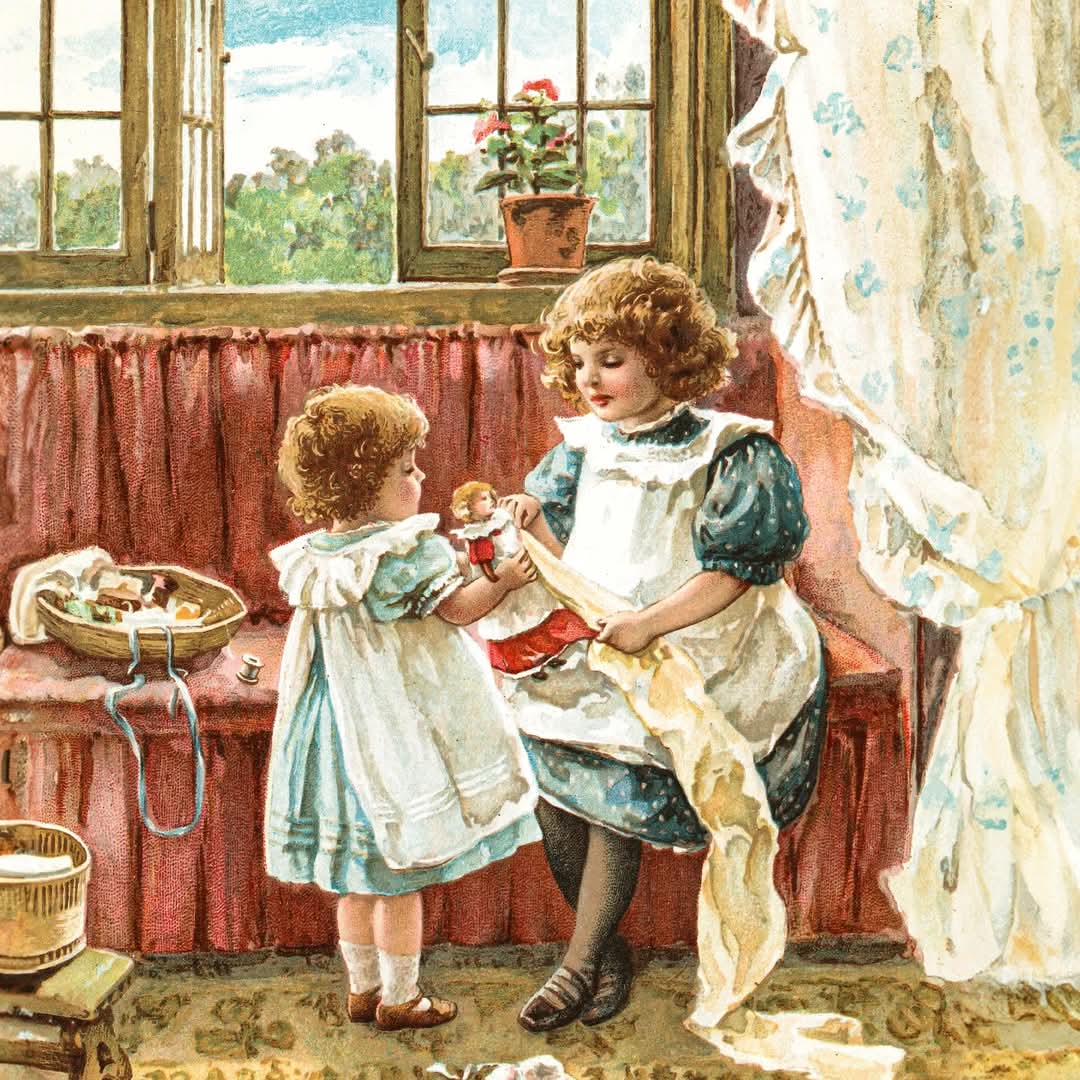 Two young girls measuring fabric to make a dress for a doll in a vintage illustrated interior scene
