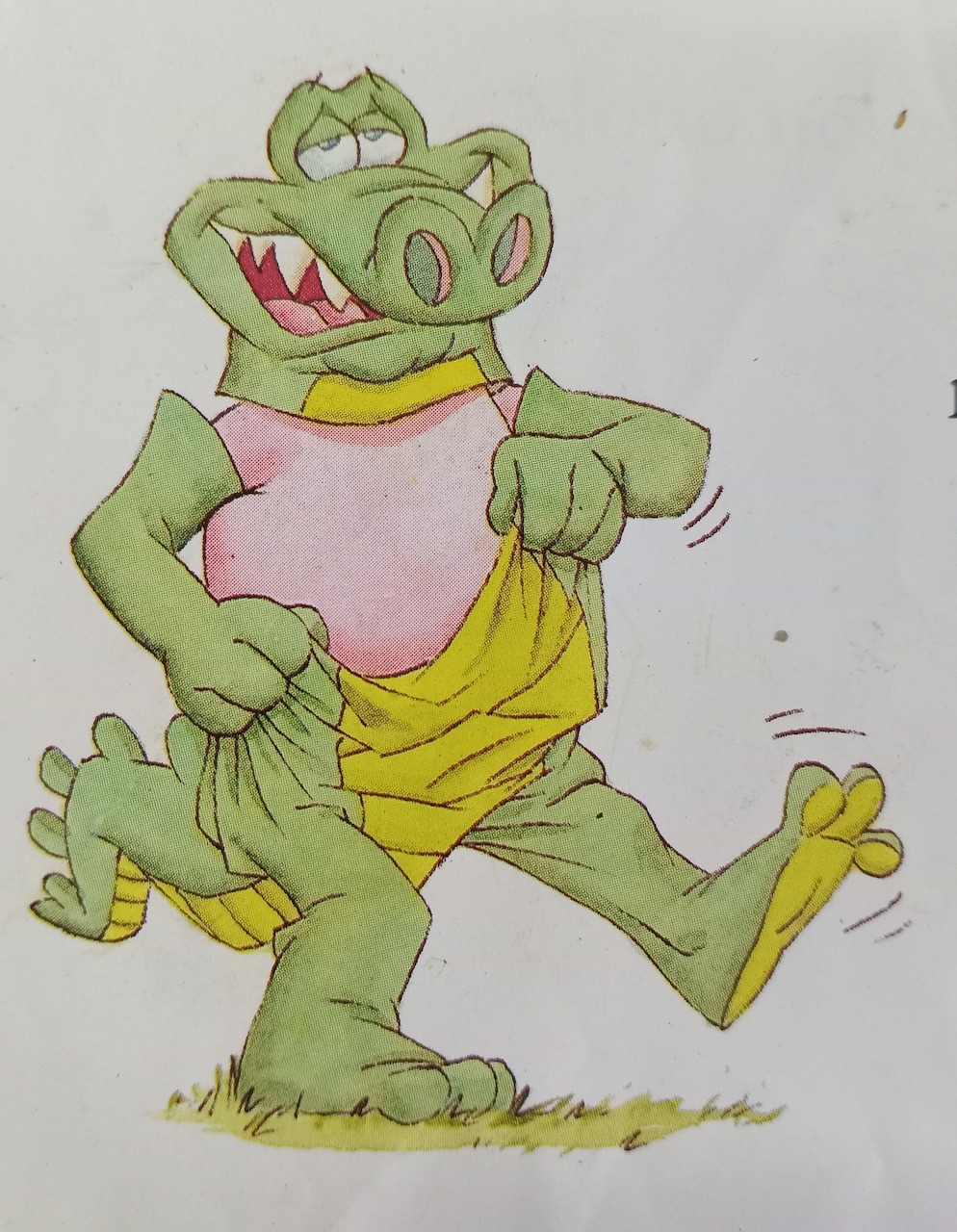 Funny cartoon crocodile in yellow shorts running, comic illustration style