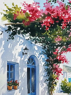 Watercolor of white house with blue door and pink flowering vines