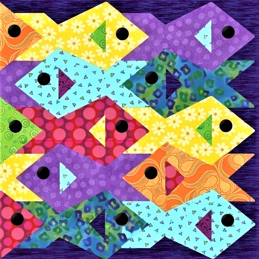 Colorful geometric fish pattern with dots and stripes in patchwork style